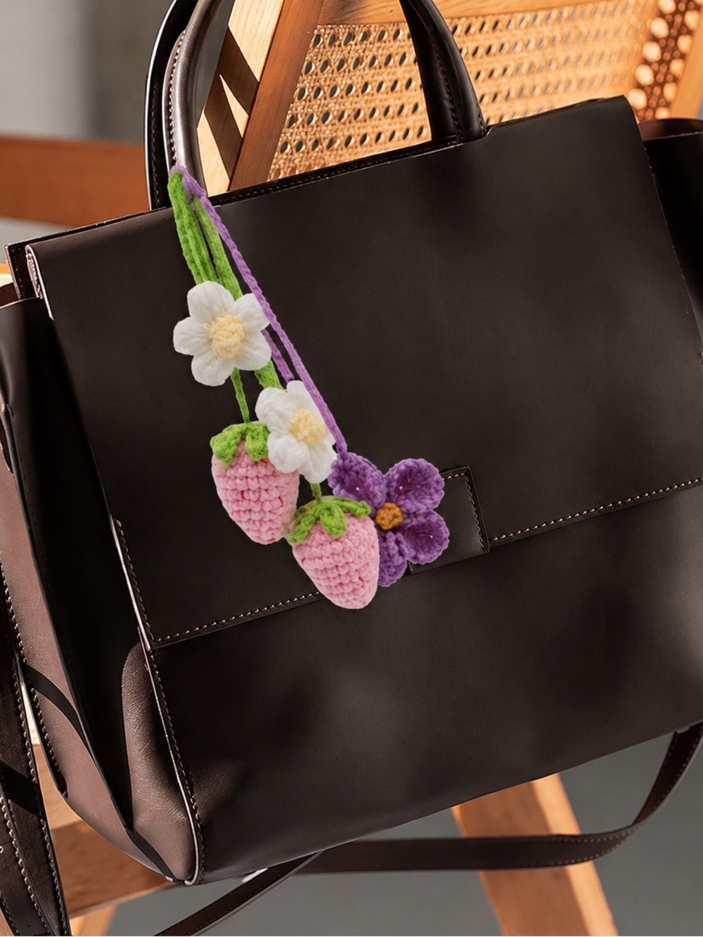 Crochet Strawberry & Flower Bag Charm-New - Picture 2 of 3